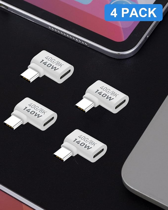 Danfetsoy 140W Right Angle USB C Male to Female Adapter, 40Gbps 90 Degree Type C Extender Connector Suitable 8K@60Hz for Thunderbolt 4/3 Laptop, Phones, etc(4 Pack)