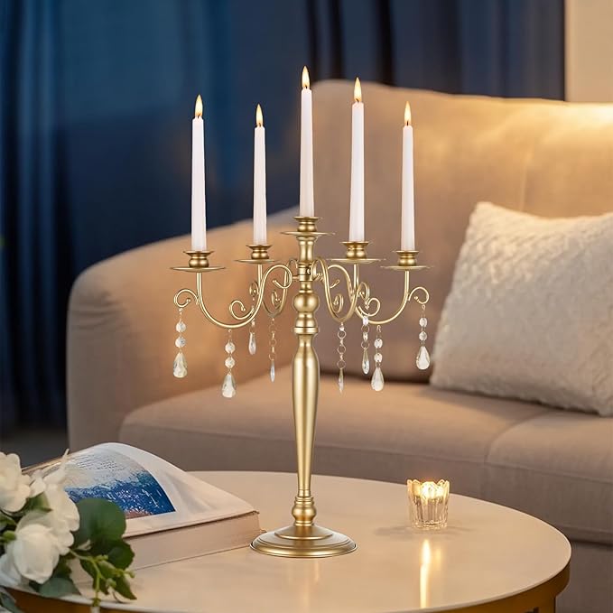 Sziqiq Gold Candelabra Candle Holder: 5 Arm Candelabras Centerpiece Table Decorations for Wedding - Vintage Metal Candlestick Candleholders for Dining Table Fireplace