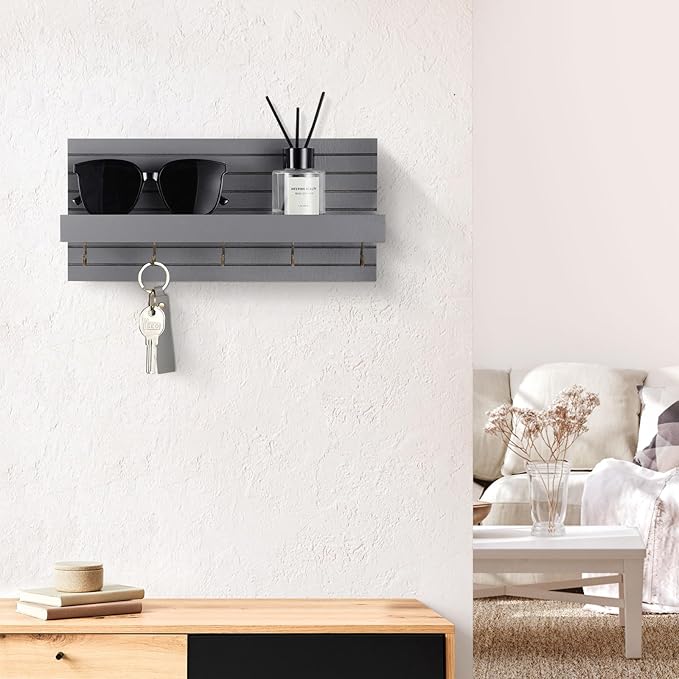 Decorative Key Holder for Wall with Shelf, Entryway Shelf with Hooks Holds Leashes, Jackets and Glasses – Sturdy Wood Keyholder Entrance Hanger with Mounting Hardware (Gray, Medium)