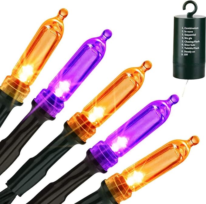 LYHOPE Orange Purple Halloween Lights Indoor, 33ft 100 LED Battery Halloween Light with 8 Mode, Timer, Waterproof Battery Operated String Lights for Home Tree Wreaths Party Yard Outdoor Holiday Decor