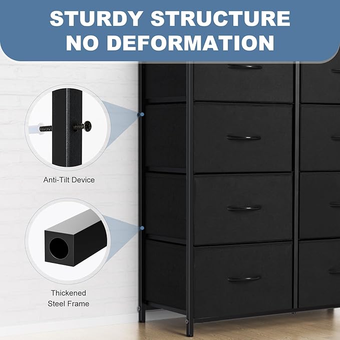DUMOS 8 Drawer Dresser for Bedroom, Fabric Storage Organizer with Sturdy Metal Frame, Wooden Top Chest of Drawers for Closet Nursery Entryway Guest Room,Matte Black
