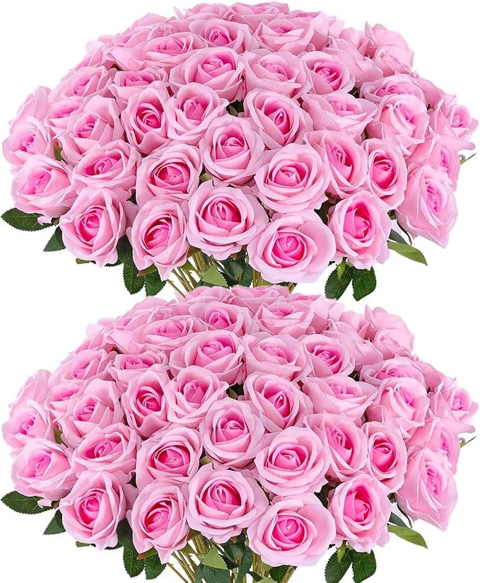 Hananona 50 Artificial Roses in Bulk, Fake Silk Pink Roses Realistic Roses for Wedding Centerpieces Flower Arrangement Home Decor (50, Pink)