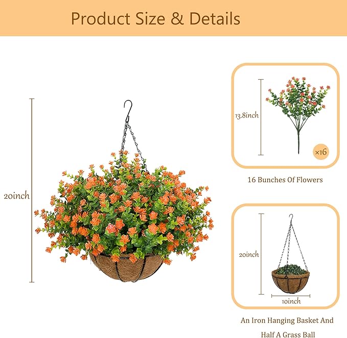 Artificial Hanging Flowers Basket for Outdoor, 16 Fake Flowers Look Real UV Resistant, Faux Hanging Plants for Porch, Balcony, Patio, Garden, Spring Summer Decor,Orange