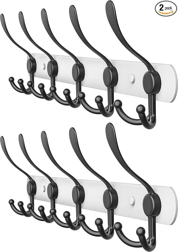 Coat Rack Wall Mount with 5 Tri Hooks, Stainless Steel 16 Inch – White & Black Matte Finish, Heavy Duty Wall Mounted Hook Rack for Coats, Hats, Towels, Scarfs, Robes, Bags, Entryway & Bathroom, 2 Pack