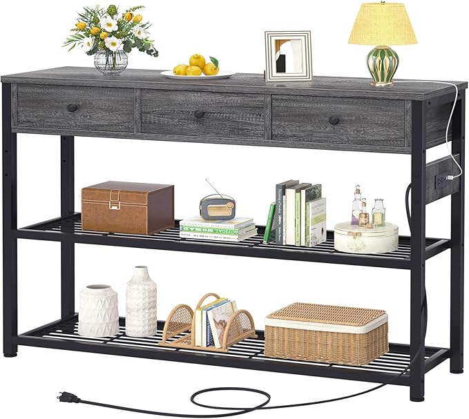 Ecoprsio 47'' Entryway Table with Outlets and USB Ports, Console Table with 3 Drawers, Sofa Table Narrow Long with Storage Shelves for Living Room, Couch, Hallway, Foyer, Kitchen Counter, Grey