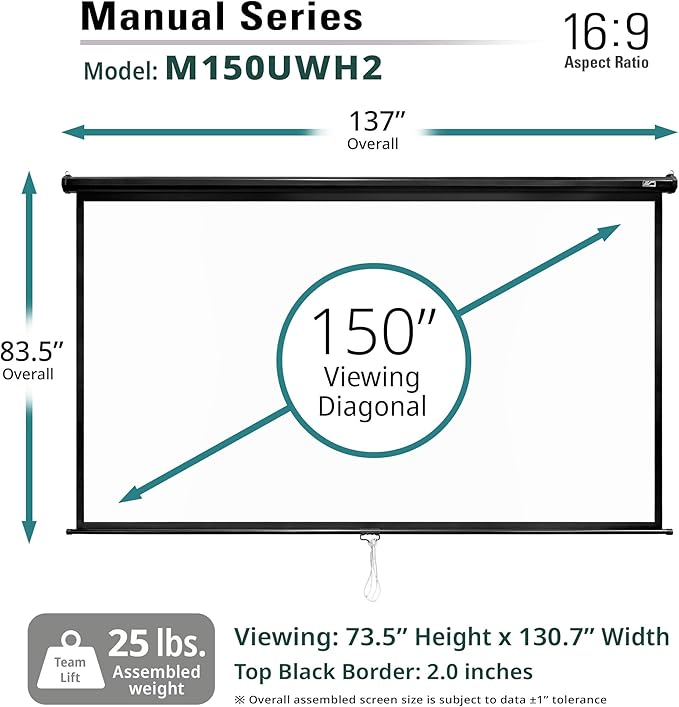 Elite Screens Manual Series, 150-INCH 16:9, Pull Down Manual Projector Screen with AUTO LOCK, Movie Home Theater 8K / 4K Ultra HD 3D Ready, 2-YEAR WARRANTY, M150UWH2