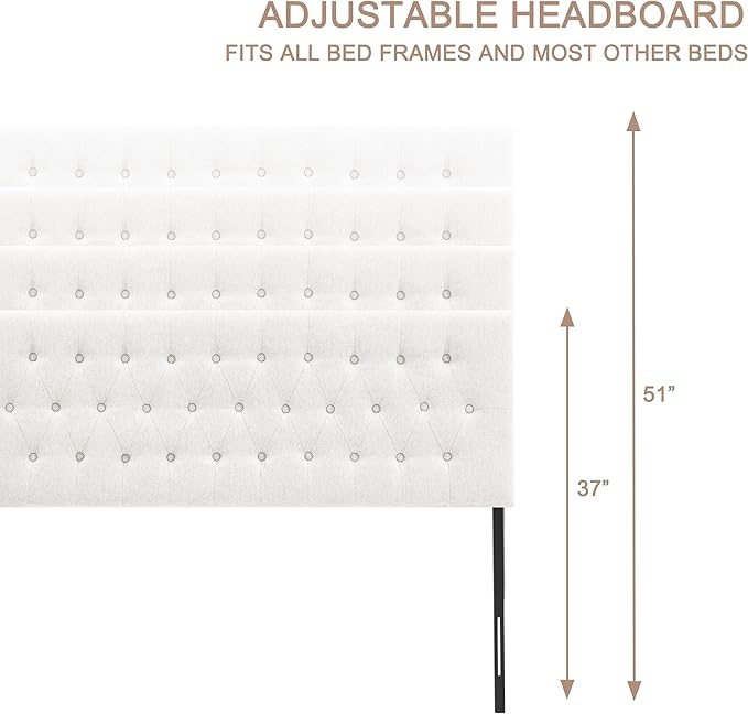 Tufted Upholstered Headboard Full Size, Solid Wood Head Board with Durable Metal Legs, Adjustable Height Full XL headboard from 37” to 51” Fabric Headboard in Modern Button Design, White