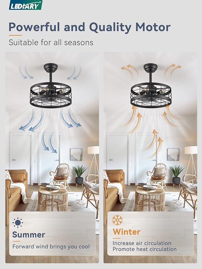 LEDIARY 16.5 inch Black Caged Ceiling Fan with Light, Fandelier Industrial Ceiling Fan with Remote, Farmhouse Fan Lights Ceiling Fixtures for Kitchen, Bedroom, Outdoor（6 Speed, Timing）-Black