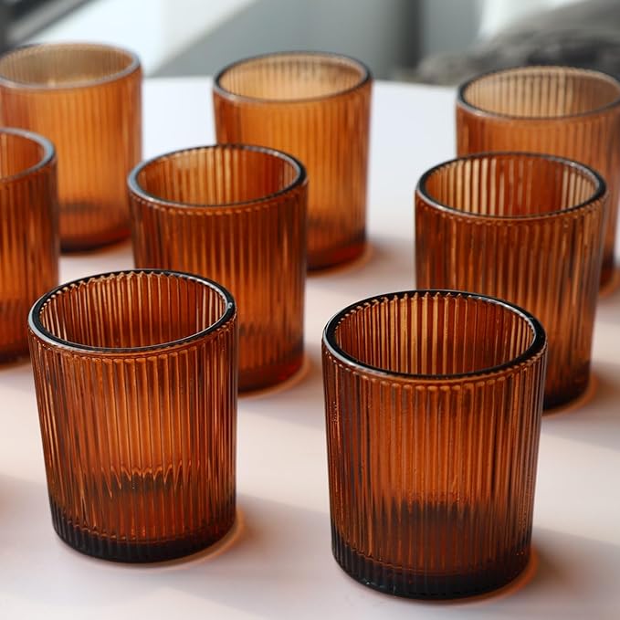 VOHO Amber Candle Holders for Votive Candles/Tea Lights Candles, Ribbed Votive Candle Holders for Table Centerpiece, 12pcs Tealight Candle Holder Decor for Thanksgiving & Christmas