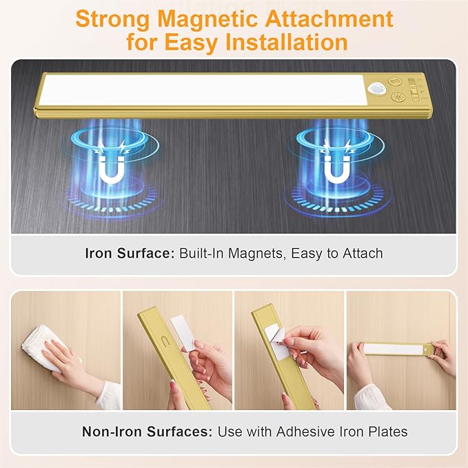 Gritin 10.2inch Under Cabinet Lighting Rechargeable -84 LED Super Bright,3-Color& 5 Level Brightness,4 Modes,Motion Sensor, Long Lasting- Easy Installation Magnetic Closet Lights -2 Pack-Gold