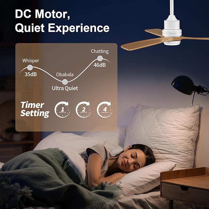 Obabala Ceiling Fan with Light 52 in Outdoor Ceiling Fans with Light and Remote, Modern 3 Wooden Blades, 6 Speed Reversible DC Motor for Patios, Kitchen Bedroom Porch