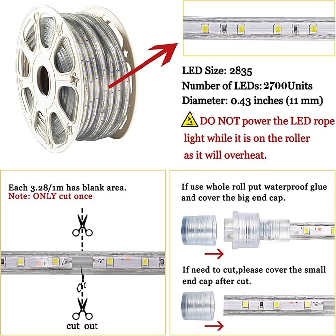 SURNIE LED Rope Lights Outdoor Waterproof 150ft Strip Lights Blue 110V Indoor Cuttable Connectable Lighting installations for Bedrooms, Stairs, Wedding Parties, Backyards, Pool, Not Tube Rope