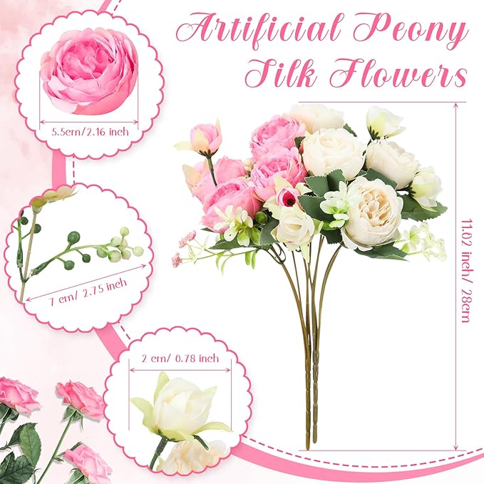Geosar 8 Bundles Artificial Peonies Flowers Fake Silk Peony Bouquet Faux Peonies Flowers Bulk for Decoration Vase Floral Arrangements Wedding Party Table (Pink,Champagne)