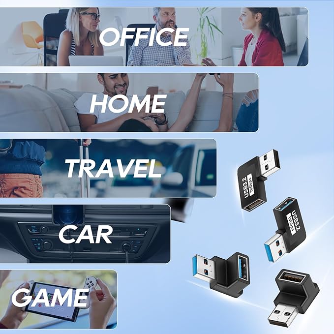 UCEC USB 90 Degree Adapter, 90 Degree USB Adapter 3.2, Vertical Up and Down Angle Horizontal Left and Right Angle USBA Male to Female Extender Connector 10Gbps for PC, Laptop, Power Bank - 4 Pack