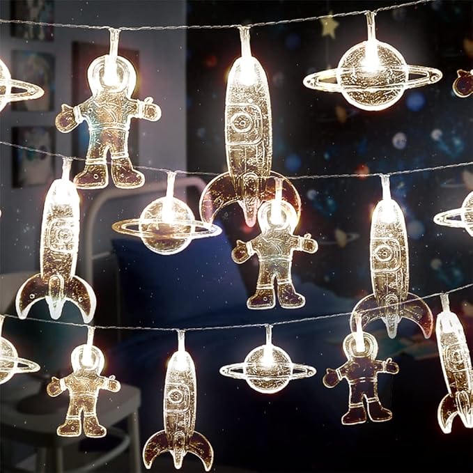AceList 20 LED Children's Room LED String Lights Astronaut Spaceship Rocket UFO Pendants Light String Holiday Party Lights Wall Window Tree Decorative Lights(Light Warm White)
