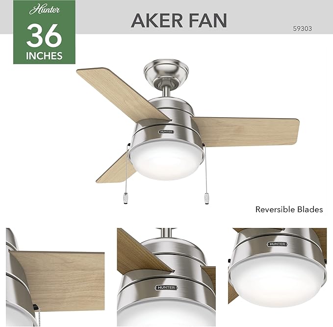 Hunter 36 inch Small Indoor Ceiling Fan with LED Light and Pull Chain - Modern Ceiling Fan, Standard Mount, 3 Blades, For Bedroom, Home Office, or Laundry Room, Quiet - Aker 59303, Brushed Nickel