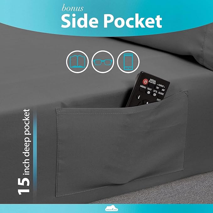 DREAMCARE Twin Sheets - Cooling Bed Sheets - 4pcs Set - up to 15" Deep Pocket Twin Bed Sheets - Twin Sheet Set - Soft Lasting 100% Fine Brushed Polyester with Side Pocket - D.Gray