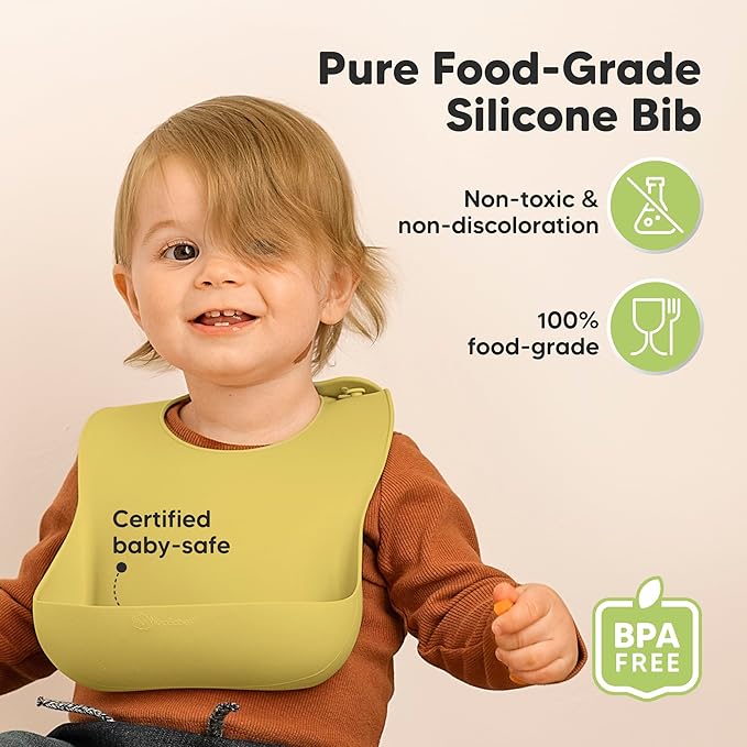 KeaBabies 2-Pack Silicone Baby Bibs for Eating - Sturdy Food-Grade Silicone Bibs for Babies Girl, Boy, Large Food Catcher, Clean & Put On Easily, Waterproof Toddler Feeding Essentials (Olives)