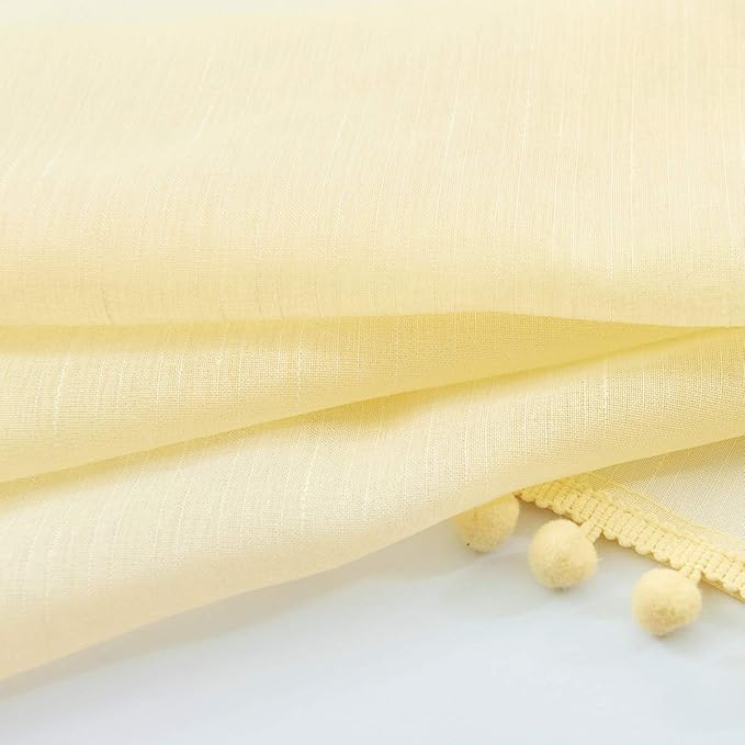 Treatmentex Yellow Sheer Curtains for Living Room 95" Linen Texture Pom Pom Trimmed Voile Drapes for Children's Room 2 Panels