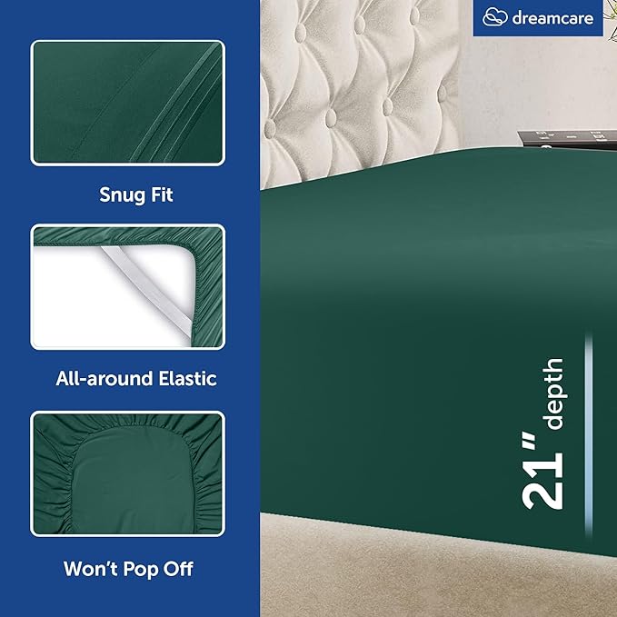 DREAMCARE Queen Sheet Set – 4 pcs Cooling Sheets – up to 21” Extra Deep Pocket Queen Sheets – Hotel Luxury Pillowcases – Superior Softness 100% Microfiber with Side Pocket - Emerald Green