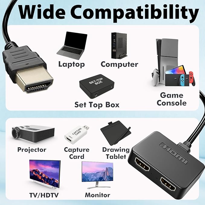HDMI Splitter 1 in 2 Out, 4K HDMI Hub 2.0 Video Duplicator with 2.5ft USB Power Cable and Adapter, Supports 4K@30Hz UHD for TV, Monitor, Projector, PS4, Xbox, Blu-Ray – Mirror Mode Only