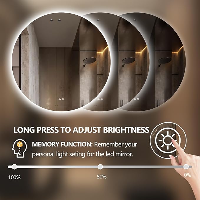 Niccy Round Led Mirror for Bathroom, 44" Circle Frameless Backlit Mirror wiht Light, Anti-Fog, 3 Colors, Waterproof, Memory Function