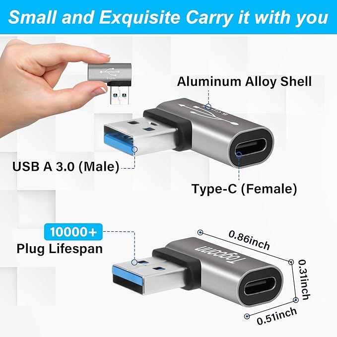 Right Angle USB A 3.0 Male to USB C Female 4 Pack