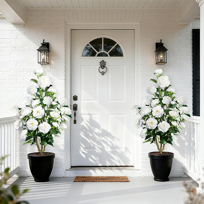 Faux Outdoor Plants 2 Pcs - 39’’ Artificial Camellia Tree Potted with White Flowers, Artificial Plants Outdoor Porch Front Door Garden Indoor Office Home Wedding Decor Housewarming Gift