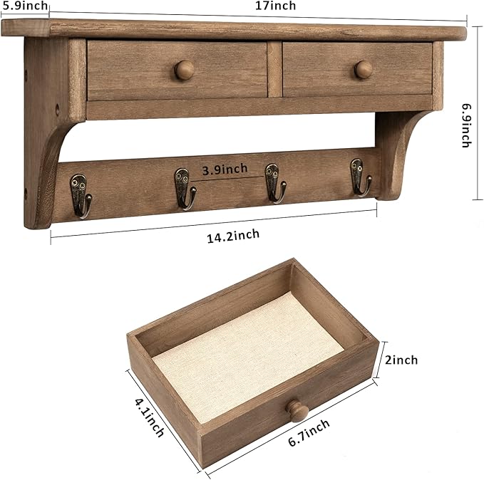 Emfogo Coat Hooks Mounted, Rustic Wood Coat Rack Mount Shelf with Hooks, Farmhouse Coat Rack with Shelf & Coat Hook for Entryway, Mudroom, Bedroom, Kitchen, Bathroom(Walnut)