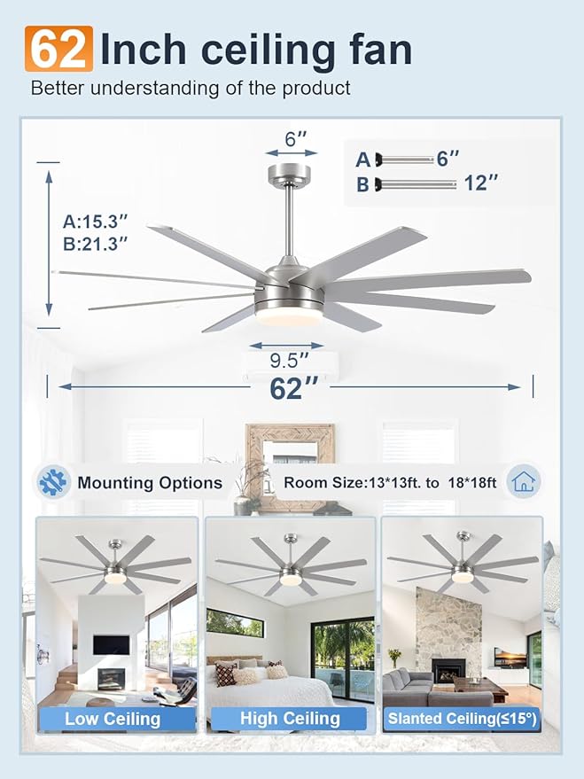 YUHAO 62 Inch Brushed Nickel Ceiling Fan with Light and Remote Control.Noiseless,Dimmable,3CCT,6 Speeds Reversible, DC Ceiling Fans for Indoor or Covered Outdoor