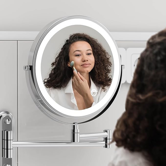 Rocollos Two-Fingers-Width Narrow Base Rechargeable Wall Mounted Lighted Makeup Mirror,3 Color Lights Dimmable Touch Screen,8 Inch LED Double Sided 1X/10X Magnifying Mirror (Polishing Chrome)