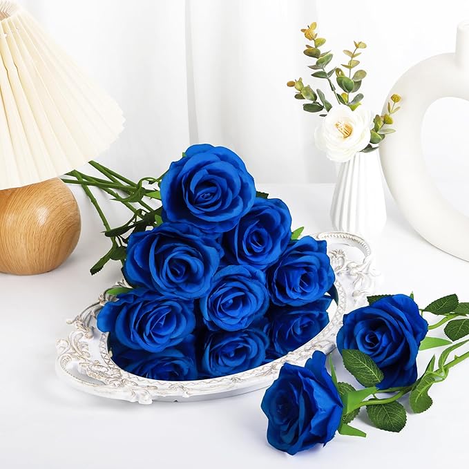 Ouddy Decor 20 Pcs Red Roses Artificial Silk Flowers Fake Roses Bouquet with Long Stems for Valentines Day Decor Wedding Home Party Table Centerpieces Bridal Bouquet DIY Floral Arrangment, Blue