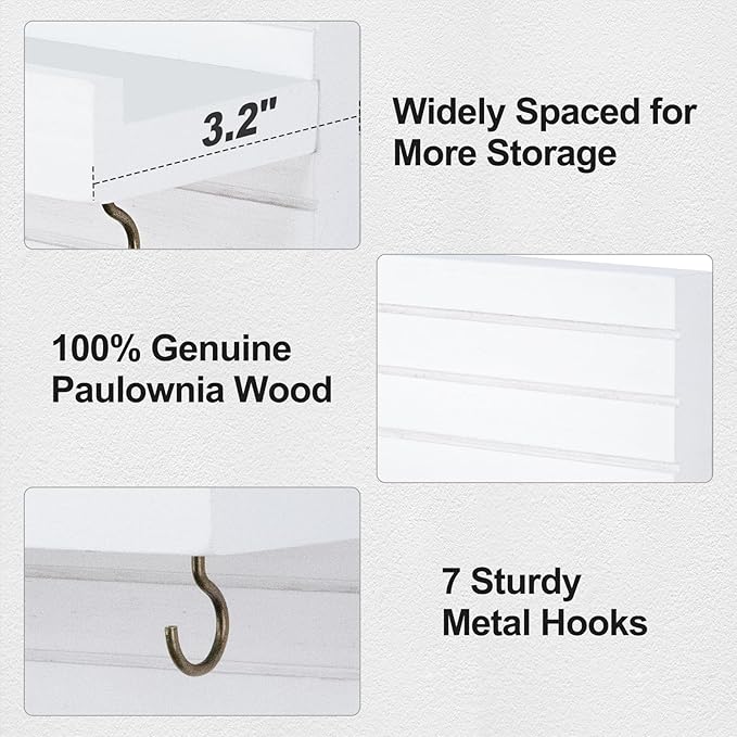 Decorative Key Holder for Wall with Shelf, Entryway Shelf with Hooks Holds Leashes, Jackets and Glasses – Sturdy Wood Keyholder Entrance Hanger with Mounting Hardware (White, Large)