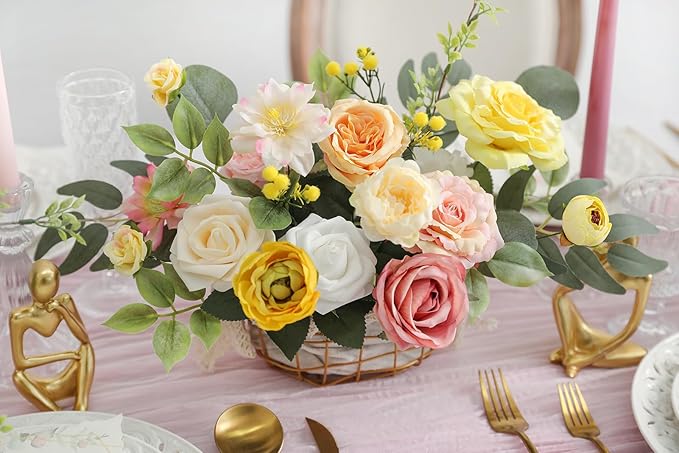 Artificial Flower Assortment for DIY Centerpiece Arrangement Wedding Hand Bouquet Flower Bouquet Centerpiece Arrangement Party Baby Shower Home Decoration (Pink Yellow)