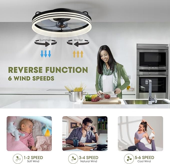 Ceiling Fans with Lights, Flush Mount Ceiling Fan with Lights and Remote, 6 Wind Speeds Smart Low Profile Ceiling Fan for Bedroom, Kids Room and Living Room 20" (Black)