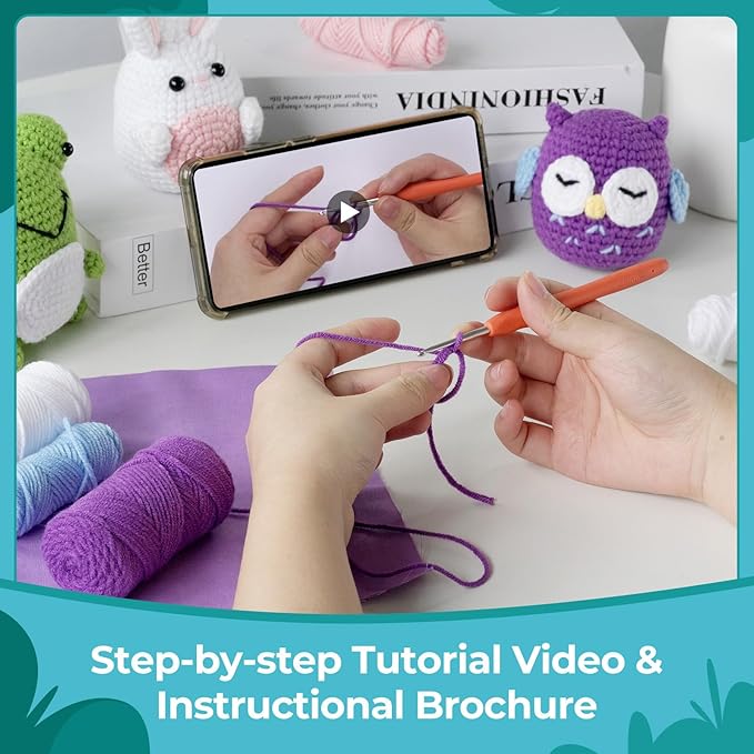 RoseFlower Crochet Kit for Beginners, Easy Crochets Starter Kits with Step-by-Step Video Tutorials, DIY Craft Knitting Crochet Animals Set for Kids Adult - 3 Pack Frog Owl Rabbit