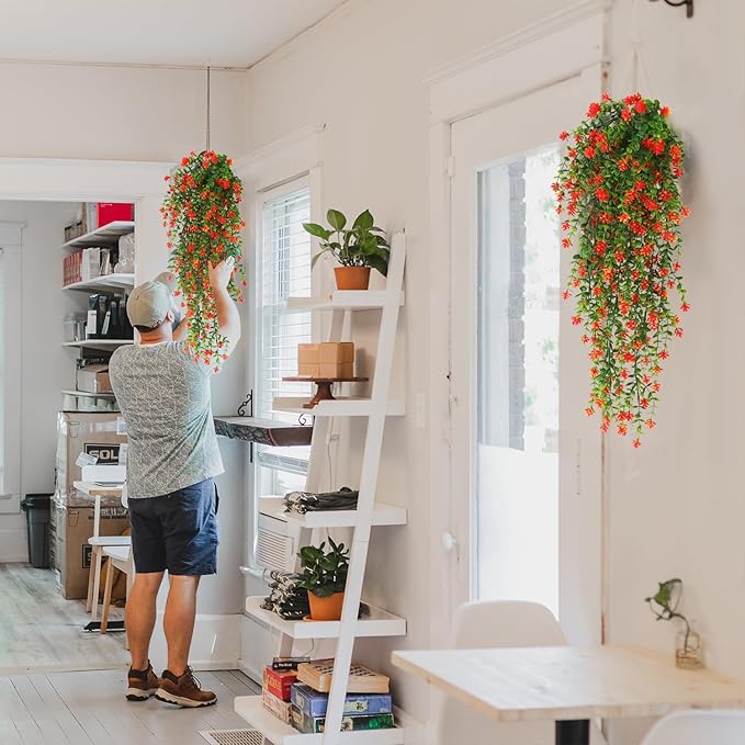 Faux Hanging Plants Hanging Greenery Outdoor Artificial Vines for Outdoors Hanging Plants with Flowers Artificial Hanging Plants Indoor Outdoor Wall Garden Wedding Interior Decoration(Orange Red)