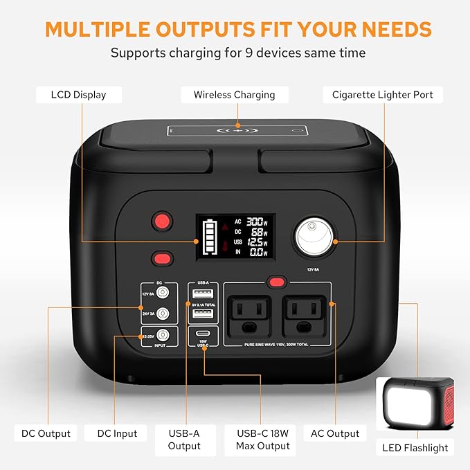 Portable Power Station 300W, 228Wh Solar Generator with 110V Pure Sine Wave AC Outlet, Backup Lithium Battery Generator for CPAP Outdoor RV Camping Emergency Home Use