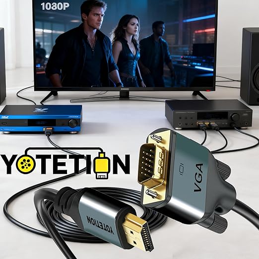 HDMI to VGA 80Ft Cable with IC, Gold-Plated HDMI to VGA Compatible for Computer, Desktop, Laptop, PC, Monitor, Projector,HDTV, Raspberry Pi, Roku, Xbox and More, Green-Gray Aluminum Shell