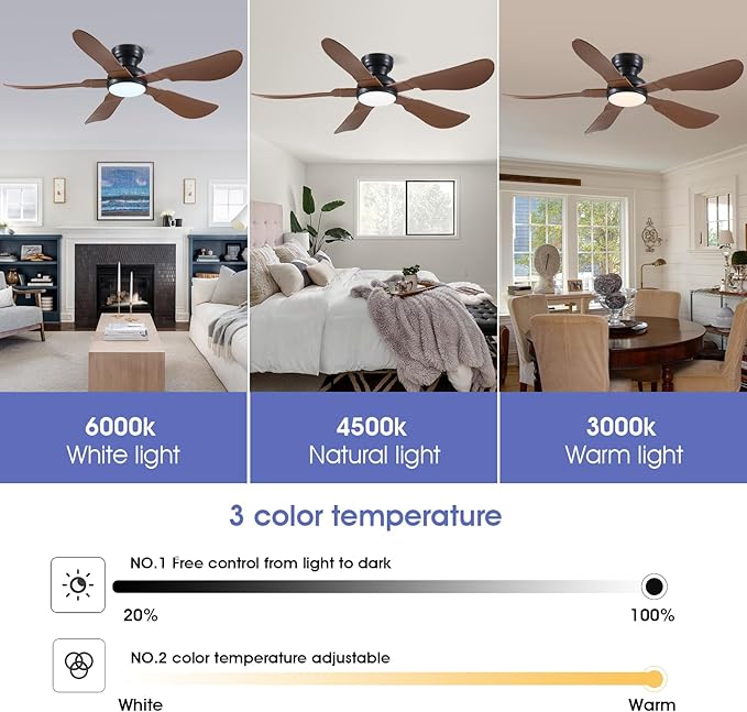52 Inch Modern Ceiling Fans with Lights, Flush Mount Ceiling Fan with Light and Remote/APP Control, 5 Reversible 6 Speeds Curved Blades, 3 CCT Dimmable Lights for Kids Room, Brown