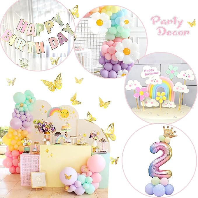 Pastel Balloon Garland Kit 219Pcs Daisy Balloon Arch, Pastel Balloons Different Sizes, Happy Birthday Banner, Cake Toppers, Number 2 Balloon, 3D Butterfly, 2nd Birthday Decorations for Girl