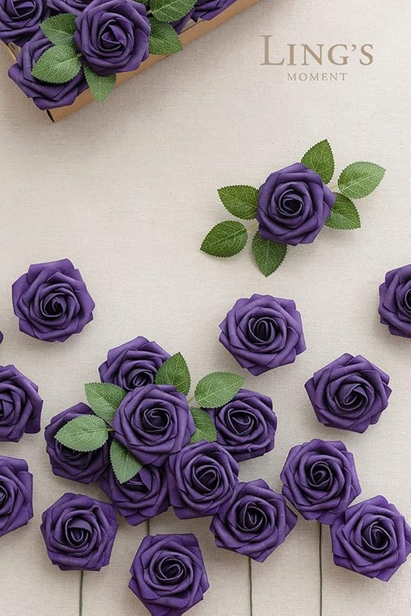 Ling's moment Artificial Flowers 25Pcs Deep Purple Roses Decor w/Stems,3" Real Touch DIY Foam Floral for Wedding Bouquet/Centerpieces, Outdoors Party Backdrop, Room/Table, and Garden/Pot Decorations