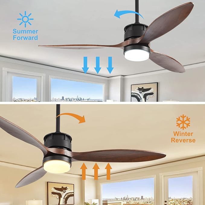 BOJUE Ceiling Fans with Lights, 60 Inch Black Ceiling Fan with Remote Control, 3 Wood Fan Walnut Blades, Modern Fan Lights for Farmhouse Living Room/Bedroom/Study