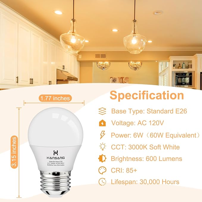 hansang E26 Appliance Light Bulb, 3000K Soft White, 60 Watt Equivalent Small Light Bulb, E26 LED Bulb for Ceiling Fan, A15 Light Bulb, 600lm 120V, CRI85+, Eye Protection, 120V, Non-Dimmable 6 Pack