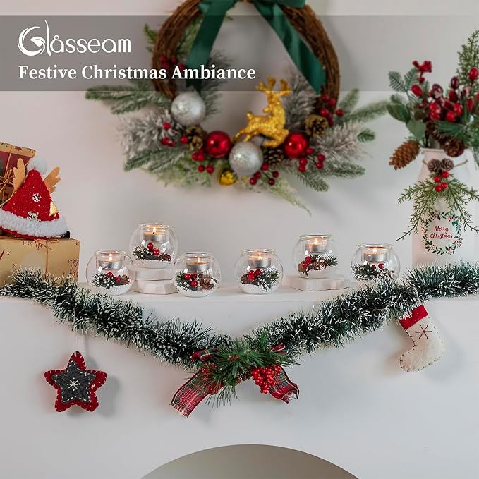 Glasseam Christmas Votive Candle Holders: Glass Tealight Candle Holder Set of 6 with Red Berry and Snow Pinecone Decorative Candle Holders for Table Centerpiece Party Christmas Decor Advent Gifts