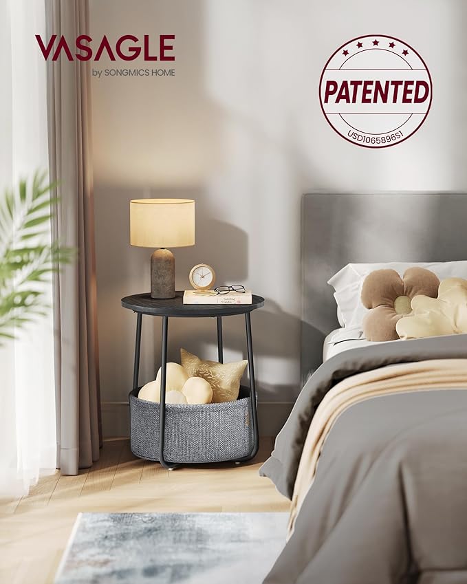 VASAGLE LILEA Collection - Small Round Side End Table, Modern Nightstand with Fabric Basket, Ebony Black and Slate Gray ULET223B01