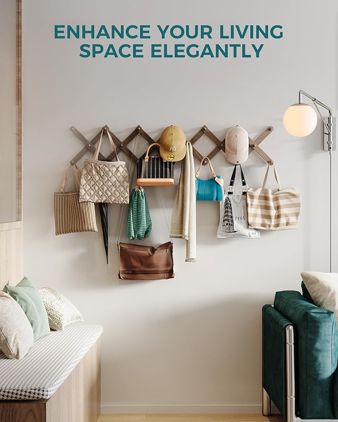 OROPY Wood Accordion Wall Hanger, Expandable Coat Rack Wall Mount with 20 Pegs, Expanding Hat Rack for Wall Walnut Color