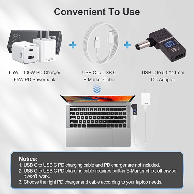 USB C to DC 5.5 x 2.1mm Power Charging Adapter Type C Female to DC 5521 Adapter with Digital Display 100W, for Tablet, PC, IP Camera, Bluetooth Speaker, Webcam Routers