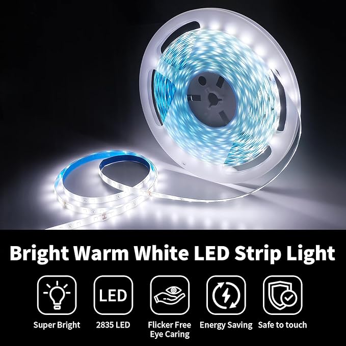 iNextStation 32.8ft/10M White LED Strip Light, 24V 2835 SMD 600 LEDs Flexible Cuttable Waterproof LED Tape Light for Bedroom Kitchen Cabinet Wardrobe TV (Power Adapter not Included)