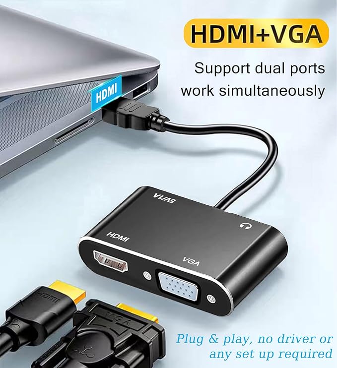 HDMI to VGA+HDMI Adapter for Dual Monitor, HDMI to VGA & HDMI Splitter 1 to 2,1080P@60HZ Full HD Display Video Converter Compaitble with Windows/Mac Os/Linux, Plug & Play